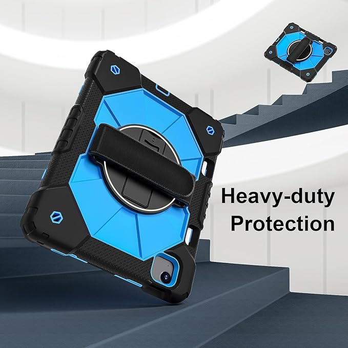 Case for iPad Air 11 inch M2 2024Tablet case for iPad Air 6th Generation Kids case Shockproof Protective with 360° Rotate Kickstand Hand Strap Shoulder Strap Cover Black/Blue