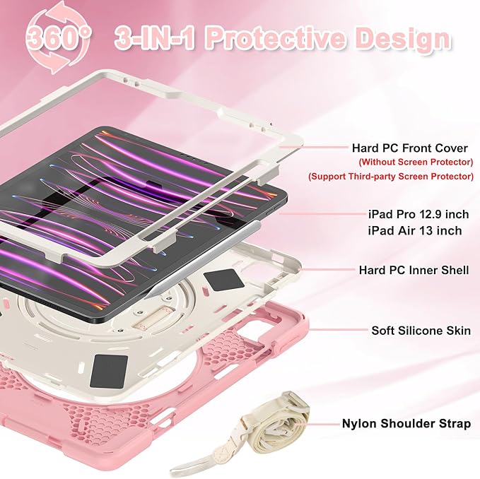 BRAECNstock Case for Apple iPad Air 13 inch (M4/M3/M2)/ iPad Pro 12.9 inch 6th/5th/4th/3rd Gen Shockproof Protective Case with Pen Holder 360° Rotating Stand &amp Hand Strap Shoulder Strap Rose G