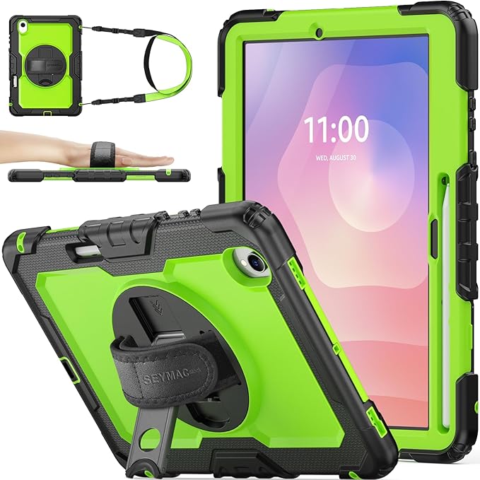 SEYMAC stock Case for Samsung Galaxy Tab S11 5G Tablet Case 11'' Protective with Screen Protector Pen Holder 360 Rotate Stand Hand Strap Shoulder Strap Green1