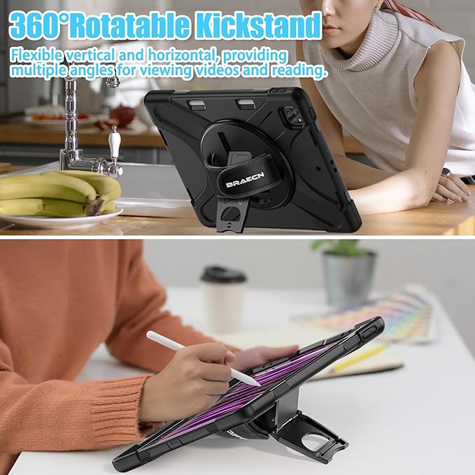 BRAECNstock for Apple iPad Air 13 inch (M4/M3/M2)/ iPad Pro 12.9 inch 6th/5th/4th/3rd Gen Case Shockproof Protective iPad Kids Case with Pen Holder Rotating Stand &amp Hand Strap Shoulder Strap B