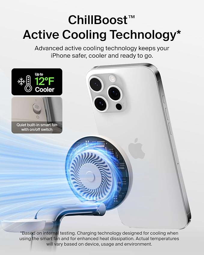 Belkin MagSafe Charger Compatible 3-in-1 Charging Station Qi2.2 25W w/Cooling Fan (On/Off Control) Magnetic Wireless Charger for iPhone 17 Apple Watch AirPods Pixel 10 (45W Adapter Included)