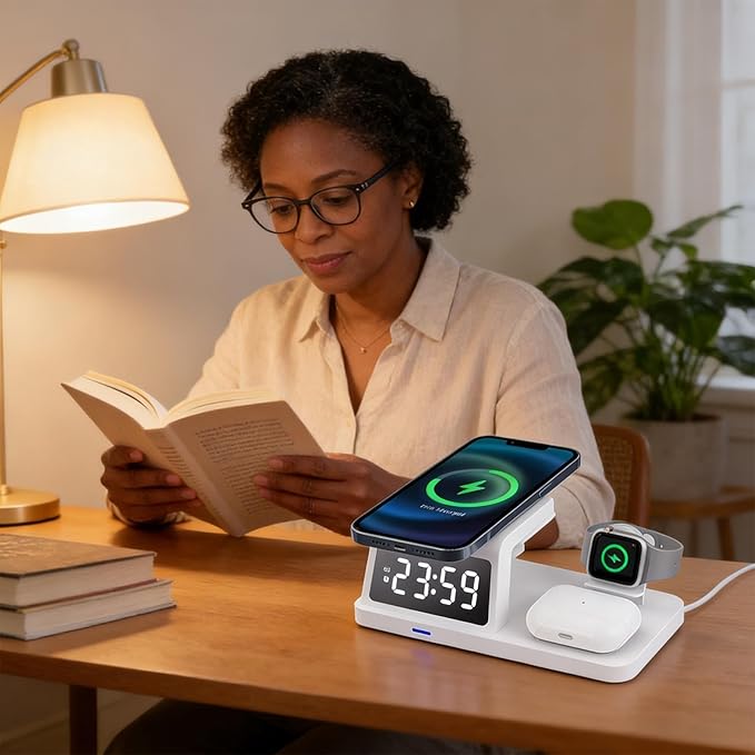 Wireless Charger Desktop Clock 18.8x9.2x5.5cm Digital Alarm Clocks Fast Charging Hub for Smartphones Durabled ABS Bedside Clock for Home Office Dorm