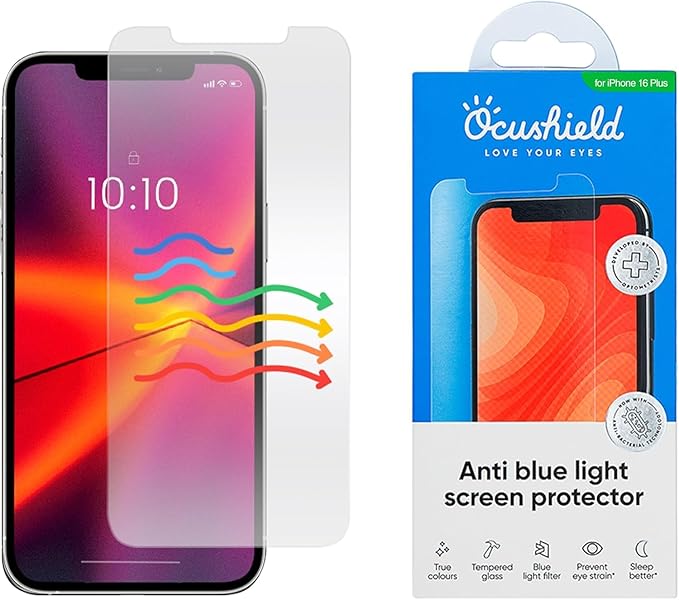 Ocushield Anti Blue Light Tempered Glass Screen Protector for iPhone 16 Plus (6.7) - Protect Your Eyes Reduce Migraines &amp Improve Sleep