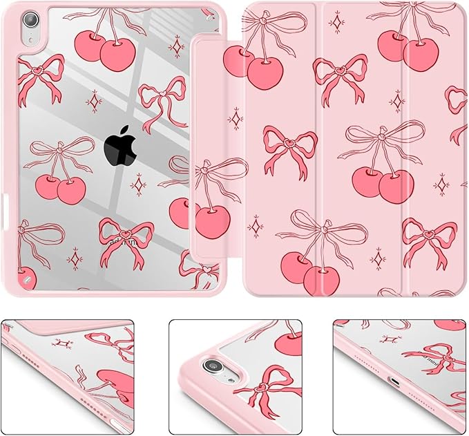 May Chen Slim Case for iPad mini 7 (A17 Pro 7th Generation) 2024 / iPad mini 6 (6th Gen) 8.3 Inch [Built-in Pencil Holder] Shockproof Cover Clear Clear Back Shell Auto Wake/Sleep Girly Cherry &amp