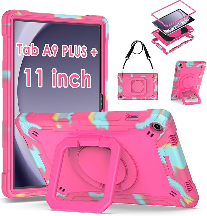 DETUOSI Case for Samsung Galaxy Tab A9 Plus 11 inch 2023 Tab A9 Plus Shockproof Cover with 360°Rotatable Stand &amp Shoulder Strap Heavy Duty Case for SM-X210/X216/X218 Camouflage Rose Red