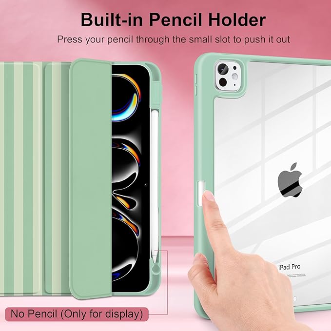 Case for iPad Pro 11 Inch (M5 2025 M4 2024) – [Built-in Pencil Holder] Shockproof &amp Stylish Clear Hard Back + Soft TPU Edge Magnetic Trifold Stand Auto Wake/Sleep Green Striped