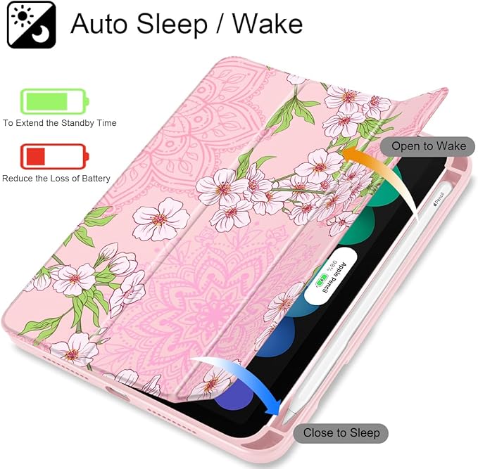 Mektron Printed Case for iPad mini 7 (A17 Pro) 2024/ Mini 6 2021 iPad mini 7th/6th Generation 8.3-inch Liquid Retina Display Cover Buit in Pencil Holder with Clear Back Shell Blossom Sakura-Pink