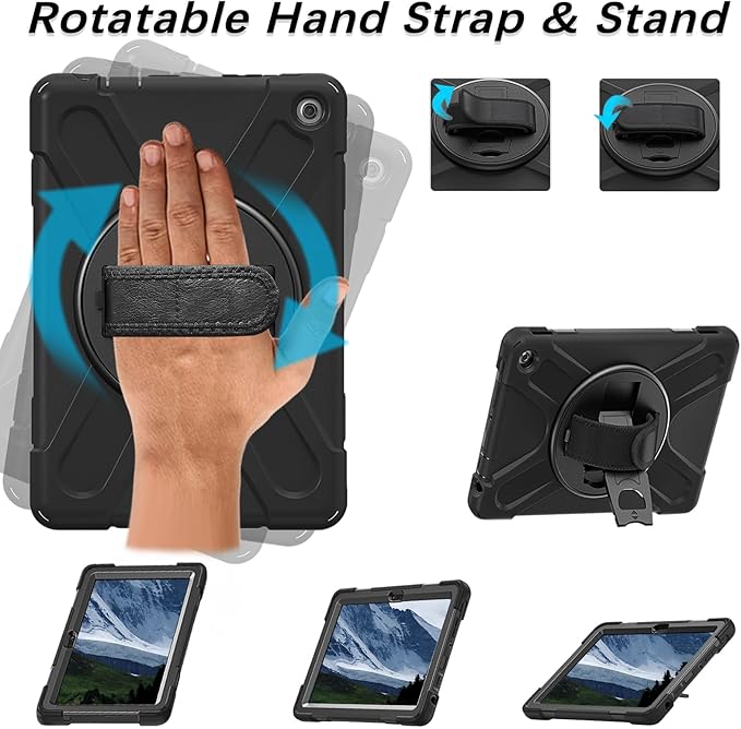 Weuiean Case for 10/10 Plus 13th Generation 10.1 2023 Military-Grade Heavy-Duty Shockproof Cover with 360° Rotating Stand Built-in Pencil Holder &amp Adjustable Hand/Shoulder Strap - Black