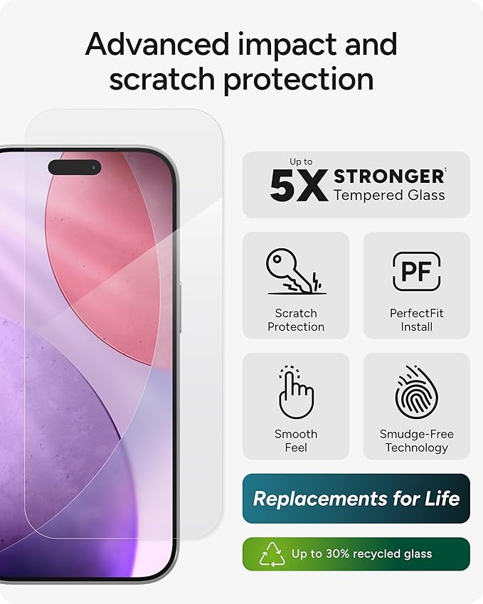 ZAGG Glass Elite Screen Protector for iPhone 17 Pro - 5X Stronger Tempered Glass ClearPrint Technology for Smudge Free Clarity Smooth Feel Full Coverage InvisibleShield Easy Two-Step Installation
