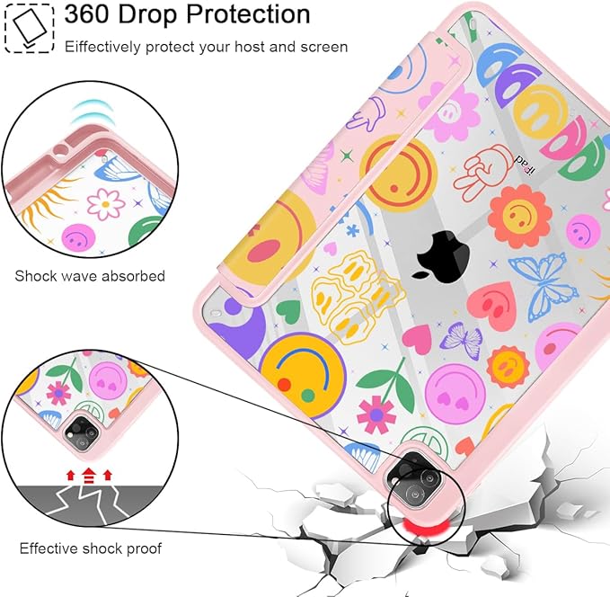 May Chen for iPad Pro 11 inch M2 4th Generation 2022 iPad Pro 11 3rd/2nd/1st Gen Built-in Pencil Holder with Shockproof Cover Clear Transparent Back Shell Auto Wake/Sleep Smile Pattern
