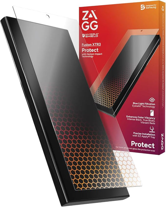 ZAGG InvisibleShield Fusion XTR3 Samsung Galaxy S24 Ultra Screen Protector - Hybrid Polymer Hexiom Impact Advanced Blue Light Filter Anti-Reflective Recycled Materials EZ Apply Installation