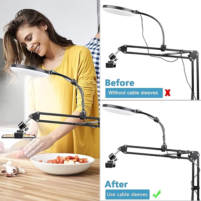ChromLives Overhead Phone Mount with Ring Light Overhead Tripod Phone Holder Mount for Video Recording Flexible Articulating Arm Overhead Phone Stand Top Down Camera Mount with Light