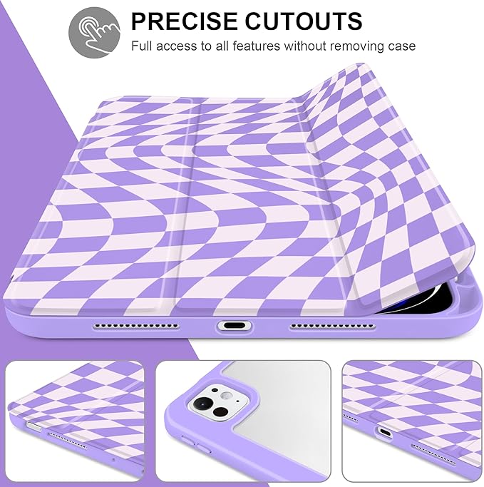 TWOLSKOO Case for iPad Pro 11-inch (M5 2025 / M4 2024) Clear Acrylic Back with TPU Bumper Pencil Holder Trifold Stand Auto Sleep/Wake Purple Wavy Checker