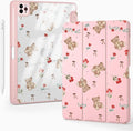 Cute Kawaii Bear Rose for iPad 7th/8th/9th Generation Case 10.2 Inch 2019/2020/2021 with Pencil Holder Auto Sleep/Wake Pink Leather Acrylic Back Cover