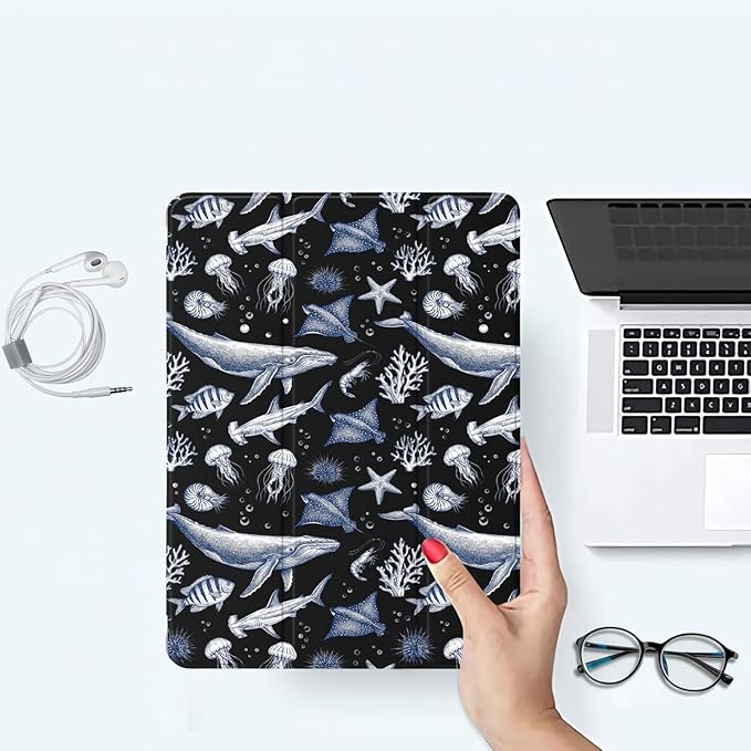 Blue Whale Case for iPad Air 13 (M3) 2025 / (M2) 2024 / iPad Pro 12.9 2022/2021 Aesthetic Ocean Sea Animal CasePencil Holder &amp Clear Back &amp Trifold Stand Cover for Women