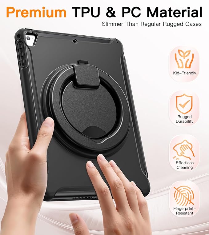 BATYUE Case for iPad 6th Generation 9.7 inch 2018 iPad 5th Gen 2017 iPad Air 2/ iPad Pro 9.7'' Shockproof Protective Cover with Pencil Holder &ampRotating Kickstand for KidsBoysGirls Black