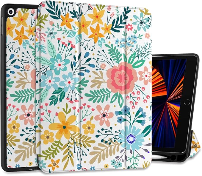 DONGKE Case Compatible with iPad 10.2 Inch 2021 2020 2019 iPad 9th/8th/7th Generation with Pencil Holder Slim Stand Protective Case with Soft TPU Back Auto Sleep/Wake Cover Colorful Floral