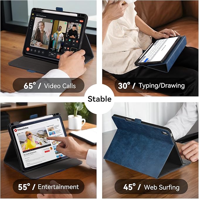 Case for iPad Air 11 Inch M4/M3/M2 (2026/2025/2024)iPad Air 5th/4th Generation 10.9'' Folio Cover with Pencil Holder PocketMagnetic ClosureMulti Angles StandAuto Sleep/WakeDark Blue