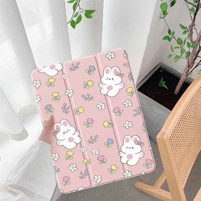 Cute Bunny Flower for iPad Pro 12.9 Inch Case 5th/6th Generation 2022/2021/2020 with Pencil Holder Foldable Pink Leather Cover Case Support Auto Sleep Wake