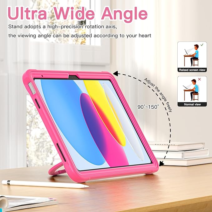 BATYUE Case for iPad (A16) 11th/10th Gen 11''/10.9'' 2025/2022 | Matte Frosted Shockproof Protective Cover with 360° Rotating &amp 180° Folding Stand Shoulder Strap &amp Pencil Holder | Rose Pink