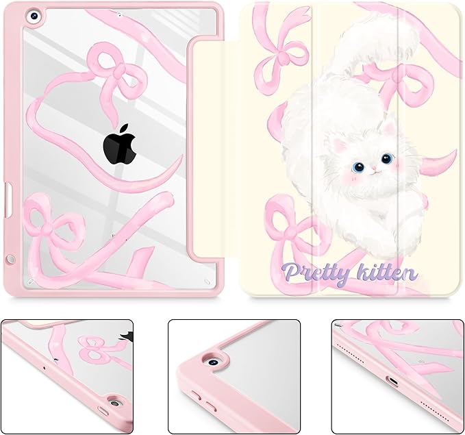 for iPad 9th Generation with Pencil Holder iPad 8th/7th Gen Case 10.2-inch [Built in Pencil Holder] Trifold Stand Auto Wake/Sleep Clear TPU Protection Back Cover Ribbon Bow Kitten