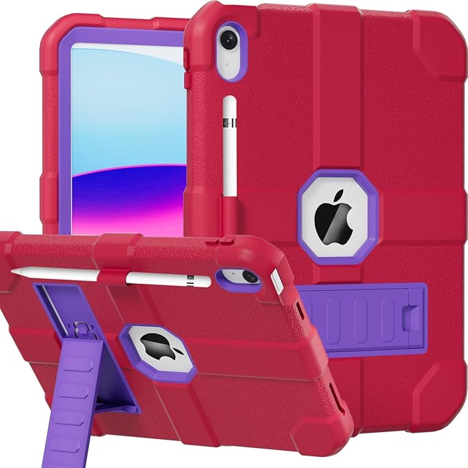 Case for iPad (A16) 11th Generation 11 Inch 2025 / iPad 10th Generation 10.9 Inch 2022 Rugged Heavy Duty Protective Cover [Built-in Pencil Holder ] for iPad 11/10 Gen (Rosered/Purple)