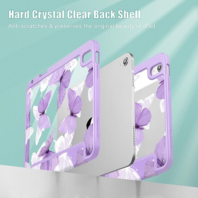 May Chen Case for iPad Air 13 Inch M4 2026 M3 2025 M2 2024 [Built-in Pencil Holder] Shockproof Cover with Clear Transparent Back Shell Auto Sleep/Wake Cover Butterfly