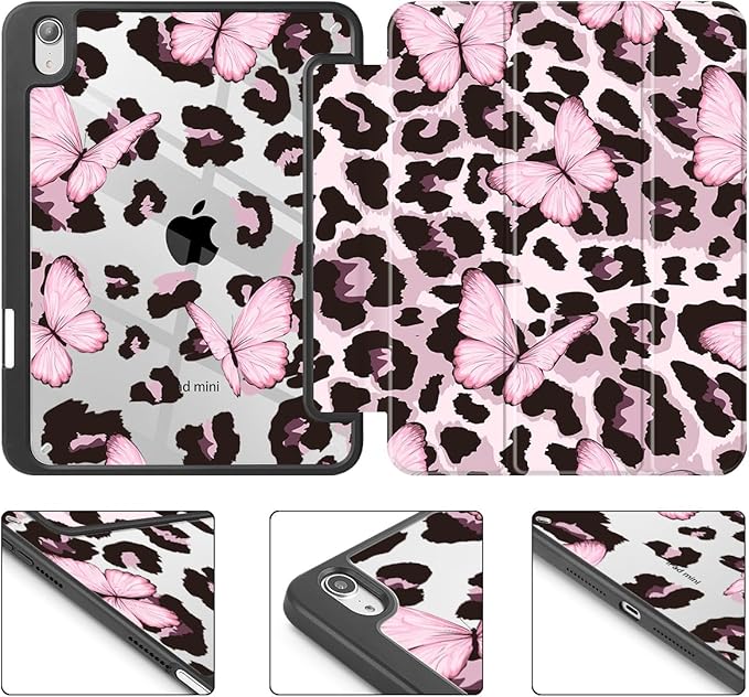 Mektron Printed Case for iPad mini 7 (A17 Pro) 2024/ Mini 6 2021 iPad mini 7th/6th Generation 8.3-inch Liquid Retina Display Cover Buit in Pencil Holder with Clear Back Shell Leopard Pink Butterfly