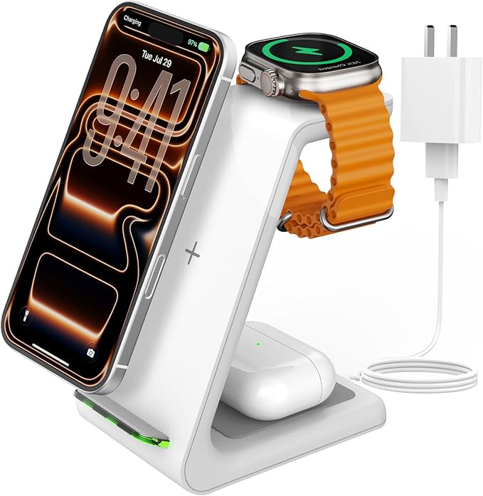 Charging Station for iPhone and Apple Watch: 3 in 1 Wireless Phone Charger Stand for iPhone 17 16 15 14 13 12 11 Pro Max &amp AirPods Bedside Nightstand Docking