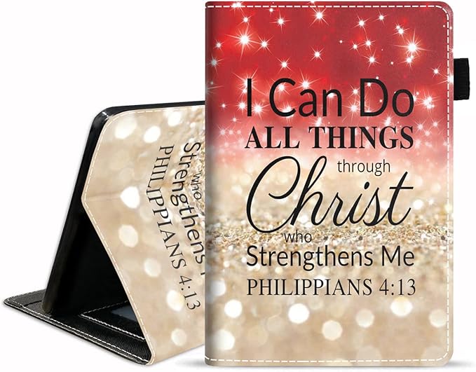 Case for Kindle Fire HD 10/Fire HD 10 Plus Tablet 10.1 inch (11th Gen 2021 Released) - Red Glitter Quote Bible Verse Philippians 4-13 Design Slim PU Leather Cover with Auto Sleep Wake