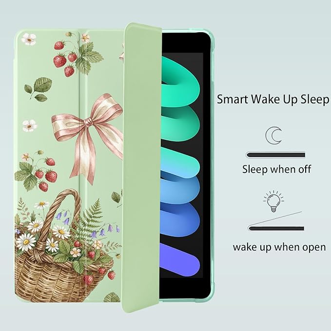 Cute Strawberry Bow for iPad Pro 11 Inch Case 4th/3rd/2nd Generation 2022/2021/2020 with Pencil Holder Auto Sleep/Wake Green Leather Soft TPU Back Cover