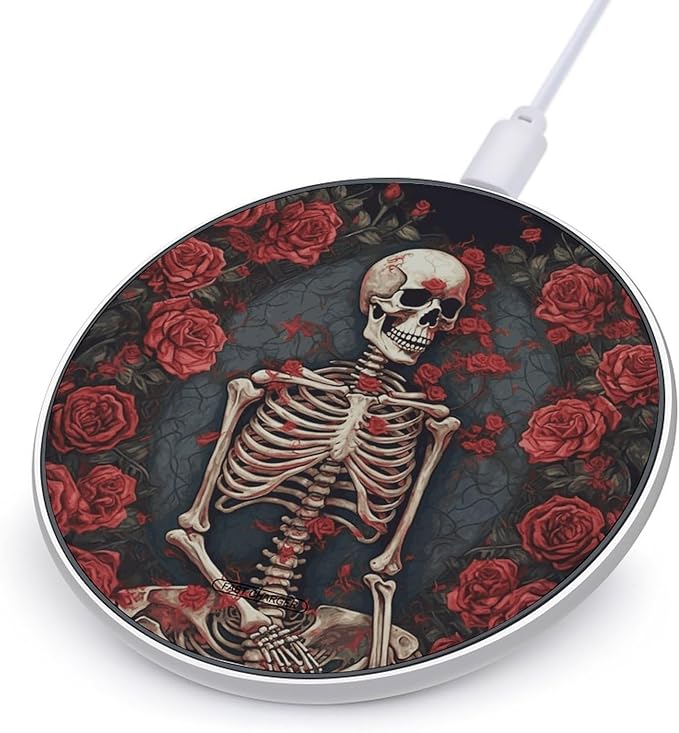 Skeleton with Roses Wireless Charger Fast Wireless Charging Pad with USB Cable 10W Anti-Slip Magnetic Wireless Charger Portable Slim Charger Puck Travel Charging Station