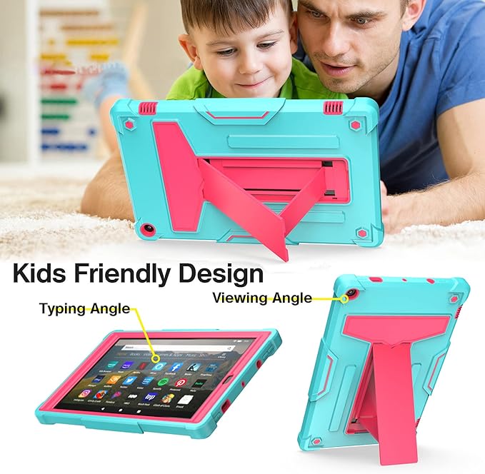 Shockproof Case for Fire HD 10 Tablet (7th/9th Generation 2017/2019 Version) Techcircle Multi-Angle Heavy Duty Bumper Defender Child Proof Rugged Case w/Kickstand Silicone Hybrid Cover Green+Rose
