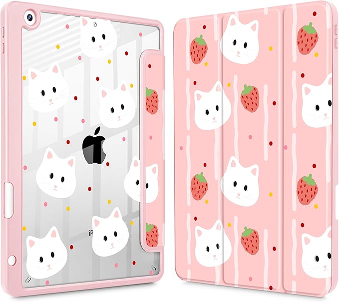 for iPad 9th Generation with Pencil Holder iPad 8th/7th Gen Case 10.2-inch [Built in Pencil Holder] Trifold Stand Auto Wake/Sleep Clear TPU Protection Back Cover Cat Strawberry