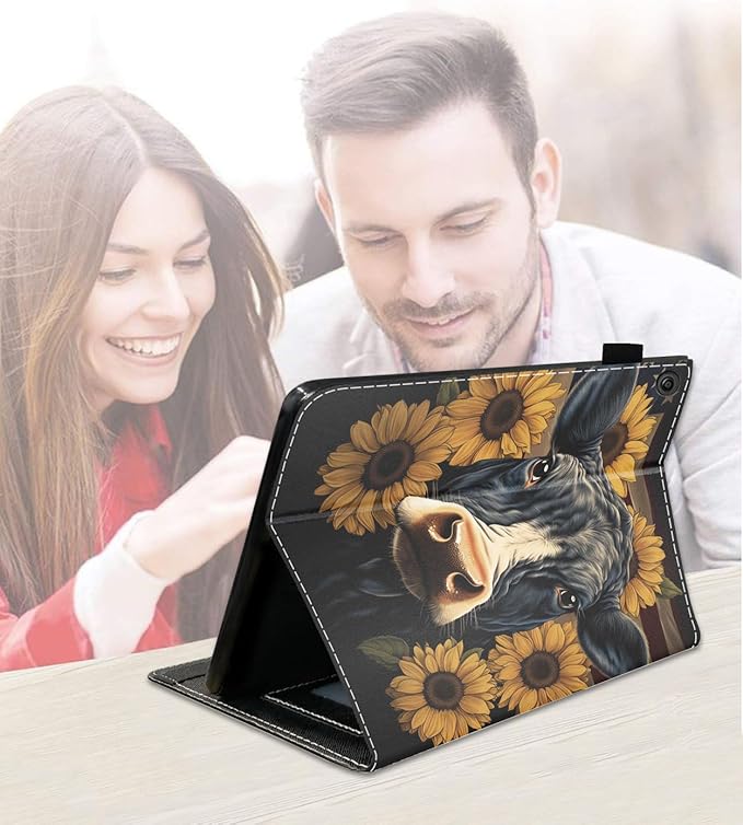 Case for Amazon Kindle Fire 7 Tablet (7 9th/7th Generation 2019/2017 Release) Slim PU Leather Cover with Card Slot &amp Auto Wake/Sleep American Flag Cow Sunflower