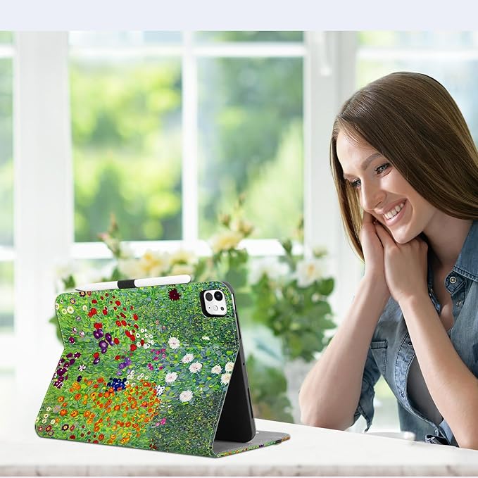 Vimorco for iPad Pro 11-inch Case M5/M4 2025/2024 Flower for iPad Pro Case 11 Inch M5/M4 Pencil Holder/Hand Strap/Pocket/Screen Protection BandAdjustable AngleAuto Sleep/Wake Floral Flowers Garden