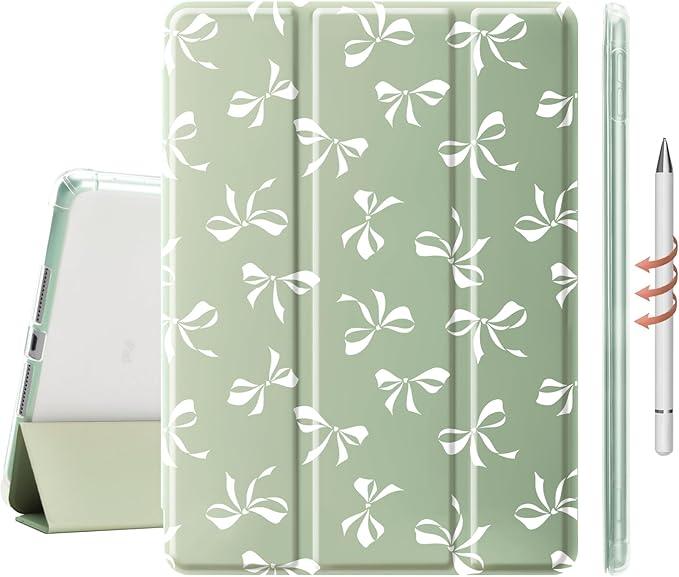 Idocolors Cute White Bow Case for 13 iPad Pro(2024) Tri-Fold Tablet Case with Auto Wake/Sleep &amp Pencil Holder - Vibrant Protective Cover for Women Girls and Teens (Green)