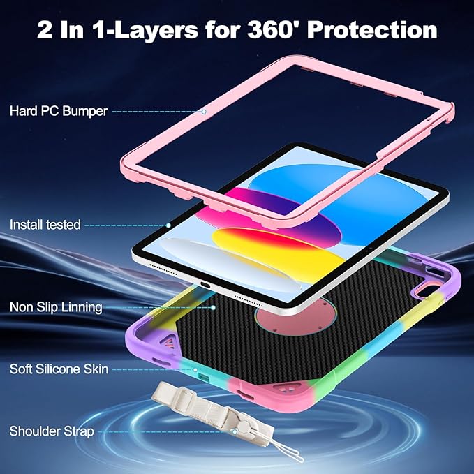 for iPad (A16) 11th Generation 11 Inch (2025) / iPad 10th Gen 10.9 Inch (2022) Cute Kids Case 360 Rotating Handle Stand Strap Case Heavy Duty Shockproof Soft Silicone Girly Cover Purple