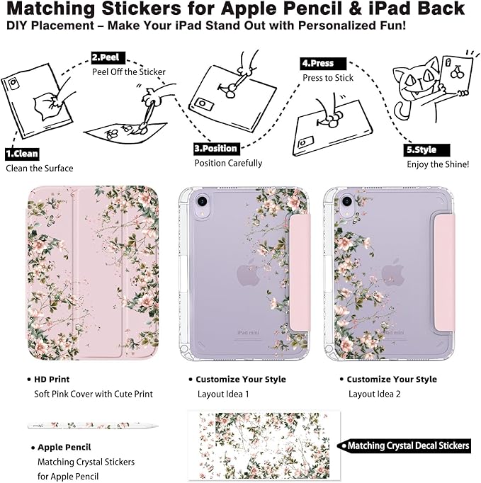 Cherry Tree iPad mini 6/7 Case (8.3) with Pencil Holder –Japanese Style Hot Pink Acrylic Cover withTri-Fold Stand Auto Wake/Sleep Fits A2567/A2568/A2569 &amp A17 Pro (Flower Blossoms) for Girls