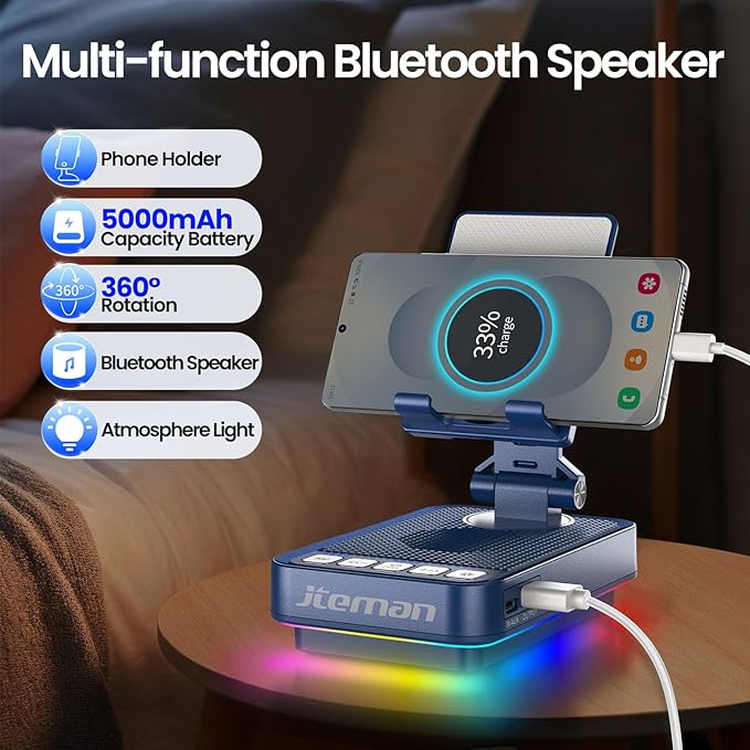 JTEMAN Gifts for Men Women Phone Stand Bluetooth Speaker with Light and Charging Function 360 Rotating Phone Holder Cool Tech Gifts for Dad Mom Husband Unique Birthday Gift Ideas - Blue