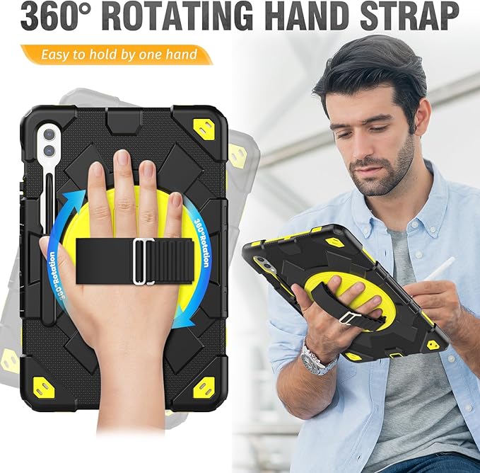 HXCASEAC Case for Samsung Galaxy Tab S10+ Plus / S9 Fe+ / S9+ 5G 12.4 inch Protective with Screen Protector/S Pen Holder/ 360 Rotating Stand Hand Strap - Yellow