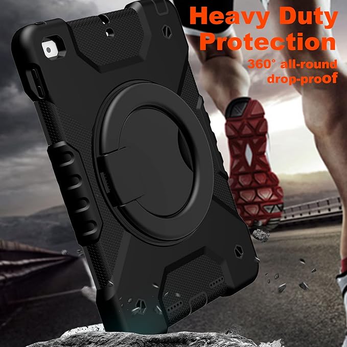 Case for iPad 6th/5th Generation 9.7 inch 2018/2017 Case iPad Air 2/Pro 9.7 inch Heavy Duty Protective Cover with 360° Rotate Handle Stand Pencil Holder Shoulder Strap (Black)