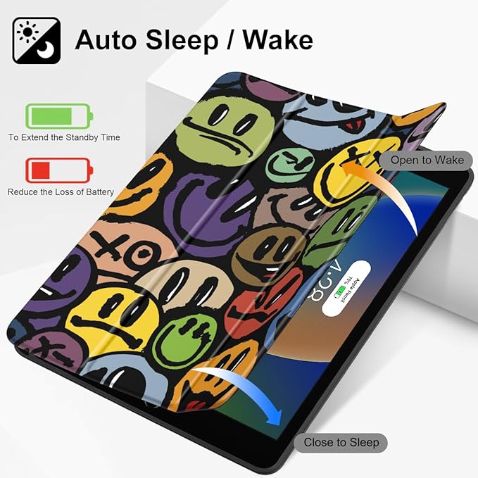 Mektron Designed Printed iPad 10.2 Case 9th Gen (2021)/ 8th Gen (2020)/ 7th Gen (2019) with Pencil Holder Slim Protective Case with Soft TPU Back Auto Wake/Sleep for iPad 10.2 Inch Smiling Face