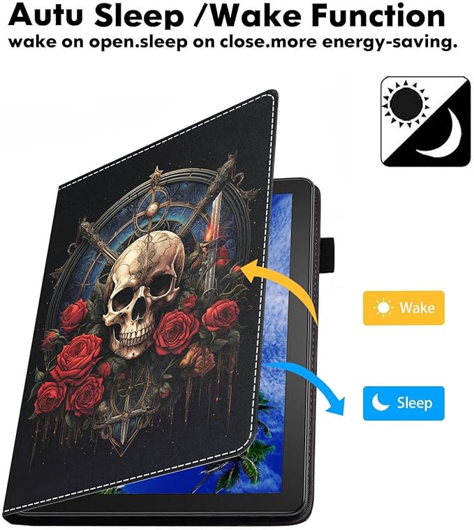 Case for Amazon Kindle Fire 7 Tablet (7 9th/7th Generation 2019/2017 Release) Slim PU Leather Cover with Card Slot &amp Auto Wake/Sleep Skull Roses
