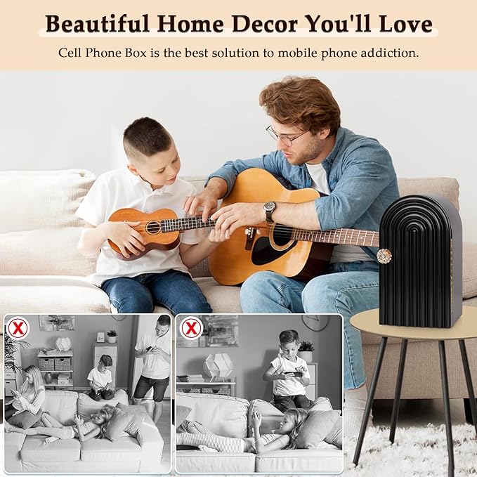 Phone Box for Family Time Bamboo Cell Phone Jail 3 Sections Hold 6 Phones with Charging Holes Phone Holder Self-Discipline Box Help Kids Adults Focus Back Mobile Phone Addiction (Black)
