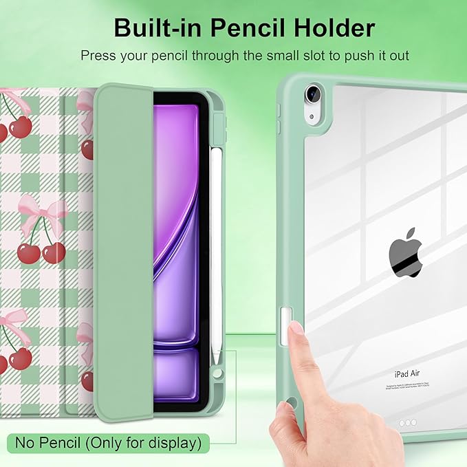 DONGKE Case for iPad Air 11-inch M4 2026 &amp M3 2025 &amp M2 2024 iPad Air 5th/4th Generation 10.9 2022/2020 [Built-in Pencil Holder] Clear Acrylic Back Trifold Stand Smart Cover Green Cherry