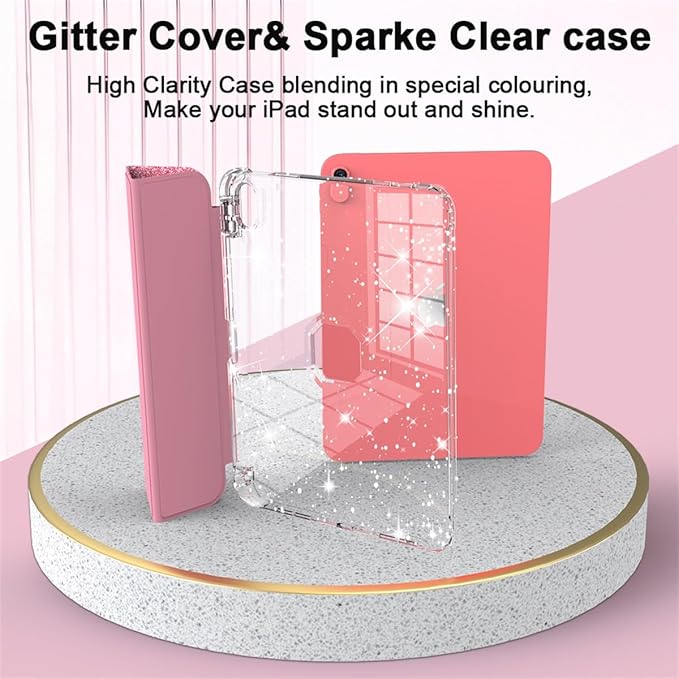 Case for iPad (A16) 11th Generation 11 inch 2025 &amp iPad 10th Generation 10.9 inch 2022 with Stand/Pencil Holder [Auto Wake/Sleep] Glitter Bling PU Leather &amp Clear Soft TPU Back Shell Pink