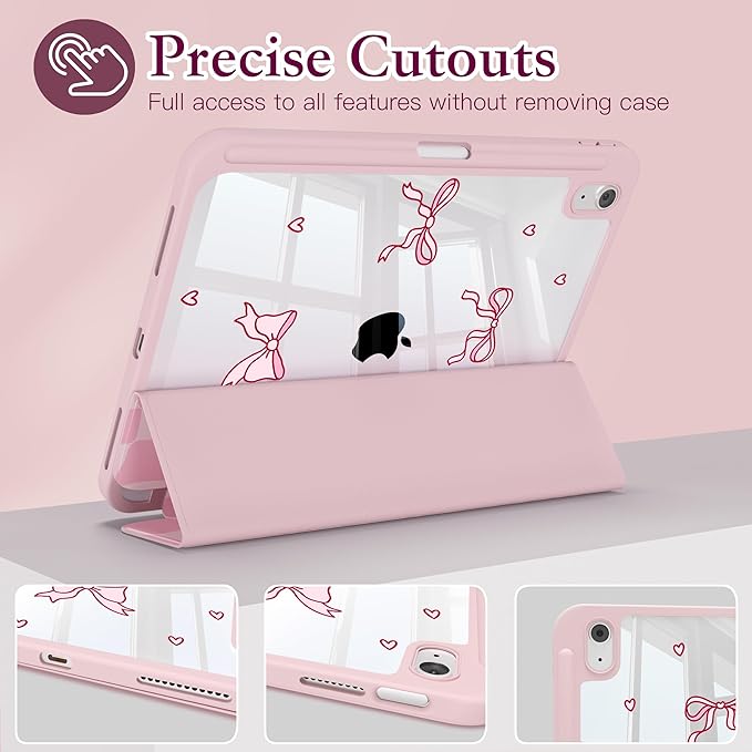 CISSOOK Case for iPad 11 inch (A16) 2025/10.9 inch iPad 10th Generation 2022 Buit in Pencil Holder Shockproof Cover Clear Back Shell Auto Wake/Sleep Bow Pink