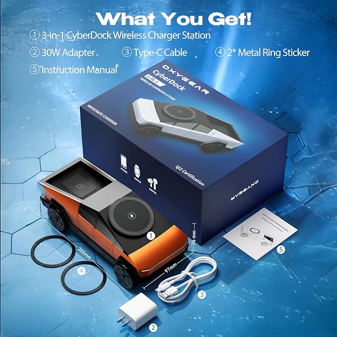 CyberDock 3-in-1 Wireless Charging Station Cybertruck 1:25 Scale Charger with Qi2 Certified 15W Charging for iPhone iWatch AirPods Magnetic Rotating Charger with Ambient Light 30W Adapter Orange