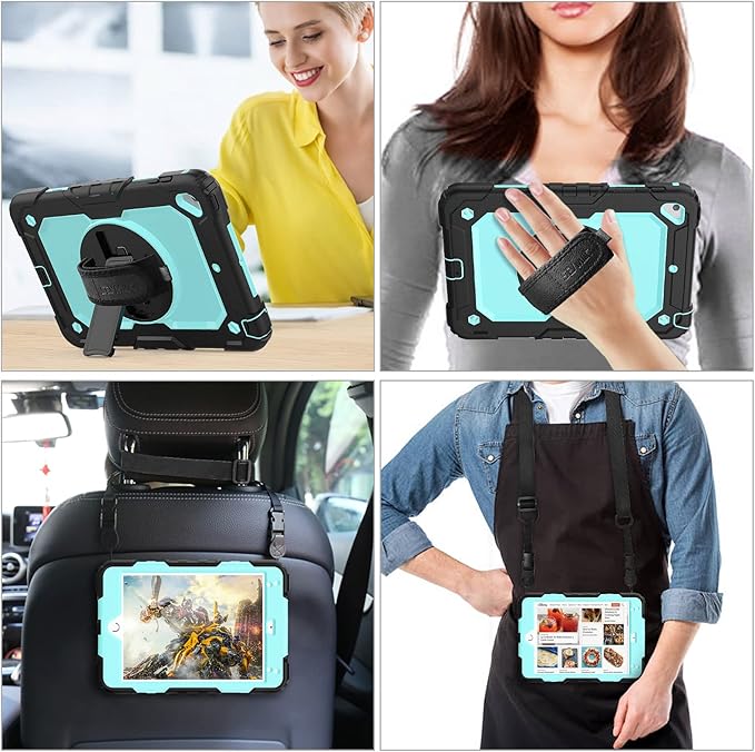 SEYMAC stock Case for iPad mini 5/4 with Screen Protector Pencil Holder [360 Rotating Hand Strap] &amp Stand Drop-Proof Case for iPad mini 5th/4th Generation 7.9 inch (SkyBlue+Black)